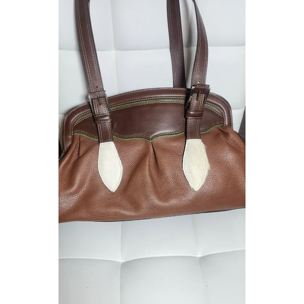 M&H Brown Leather Western‎ Shoulder Bag Cowhide Accents Green Piping Satchel